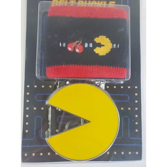 Pac-Man Belt Buckle & Wristband Set 2010 New Old Stock Namco Bandai Games Pewter - Picture 5 of 6